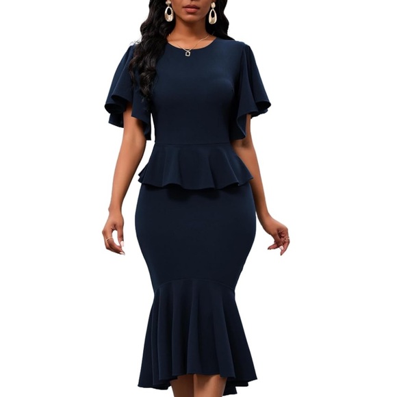 Dresses & Skirts - NWOT Elegant Navy Blue Ruffle Short Sleeve Fishtail Peplum Midi Dress Small